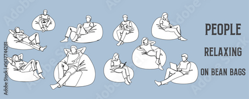 Architectural Drawings people relaxing on bean bags vector illustration, side view, human person Minimal style hand drawn.