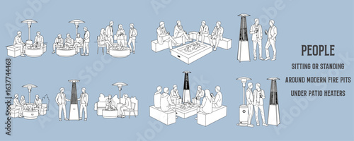 Architectural Drawings people sitting or standing around modern fire pits or under patio heaters vector illustration, side view, human person Minimal style hand drawn.