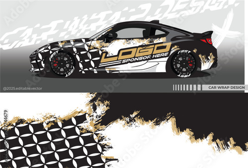 Illustration vector grahic of Car wrap decal with abstract batik design. Black gold white colour. Livery car editable. Mockup template sticker vinyl for racing, rally, or daily use.	