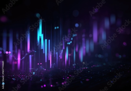 Abstract data visualization, vibrant neon colors,  charting trends