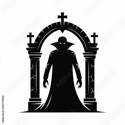 A single vector silhouette of a Vampire at a Crypt, designed in a Halloween horror theme