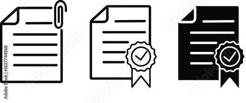 A set of file and document icons, featuring a paper clip for attachments, a certified document with a checkmark ribbon, and an approved document.