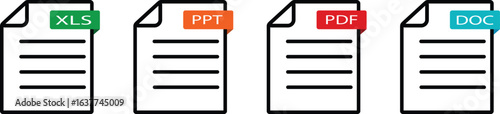 A collection of document file format icons, featuring XLS, PPT, PDF, and DOC, each with a colored tab for easy identification.