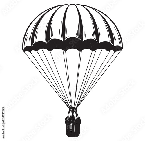 Detailed vintage illustration of a parachute with suspended cargo for adventure and risk