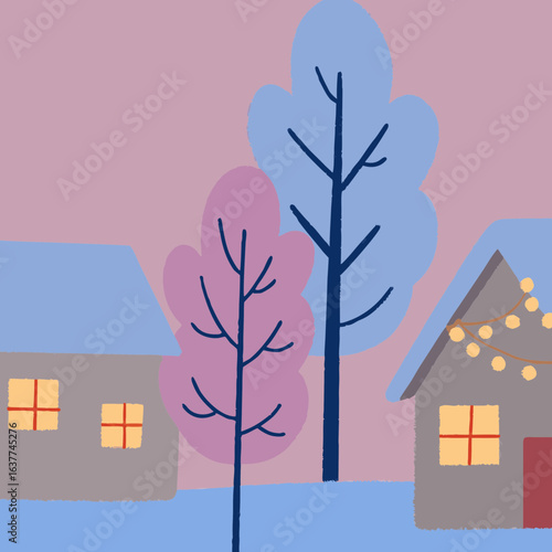 Bare trees and houses with lit windows on winter evening.
