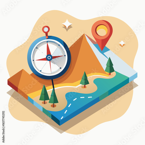 Map with compass, river and location markers travel navigation concept.
