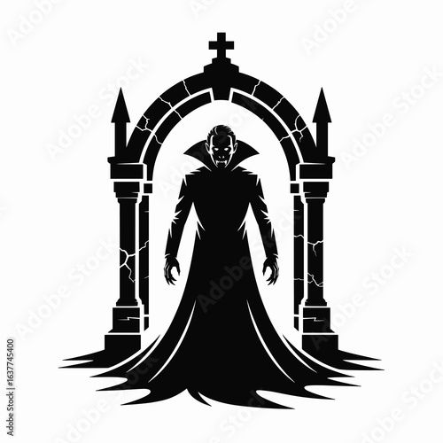 A single vector silhouette of a Vampire at a Crypt, designed in a Halloween horror theme