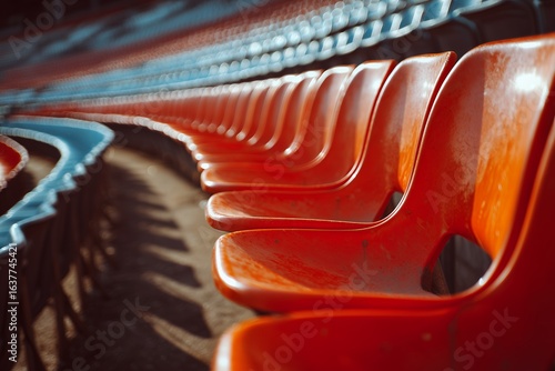 Fototapeta Naklejka Na Ścianę i Meble -  A row of orange and blue stadium seats in the sunlight, creating a vibrant pattern, concept for sporting event promotions, spectator engagement, and venue advertisements