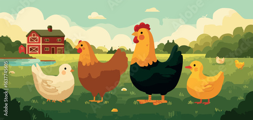 Rooster, Hens and Chicks on Rural Farm Meadow Vector