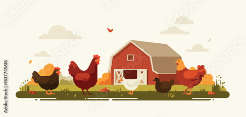 Rooster, Hens and Chicks on Rural Farm Meadow Vector
