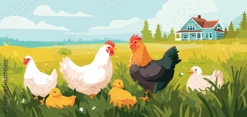 Rooster, Hens and Chicks on Rural Farm Meadow Vector