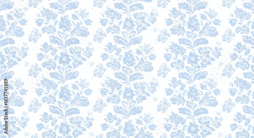 Seamless light blue floral damask pattern on a white background. Vintage style ornamental textile design for wallpaper or fabric.