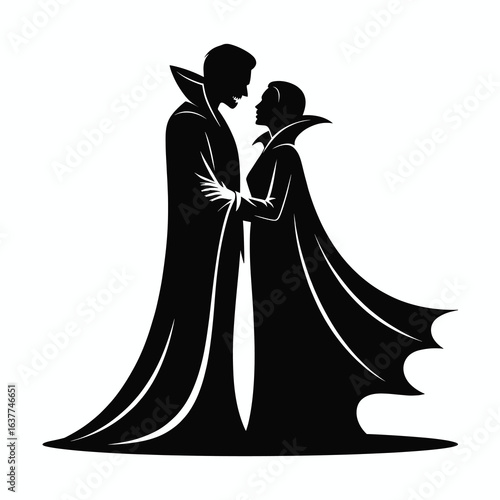 A single vector silhouette of a Vampire Couple in a dramatic Halloween style 