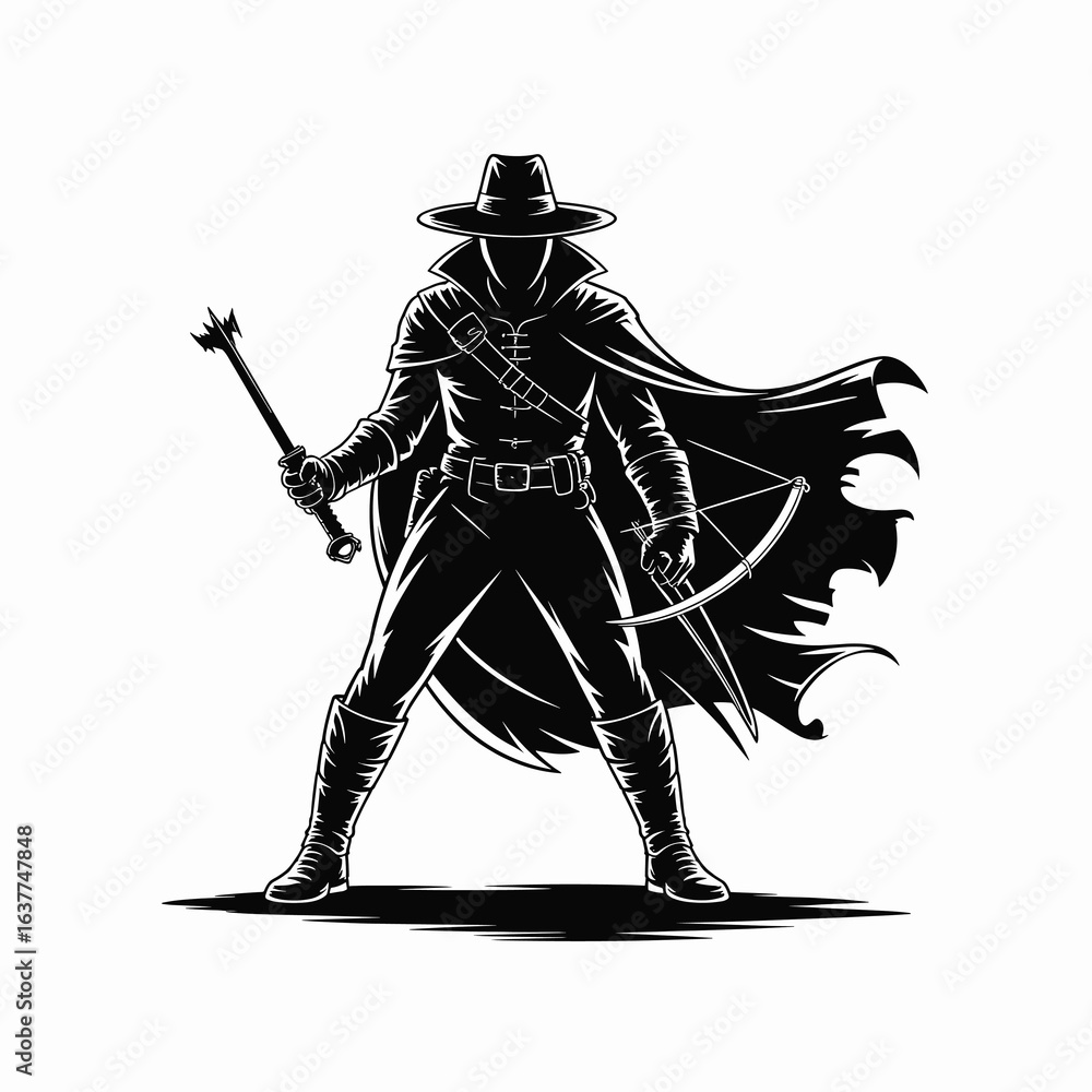 Obraz premium A single vector silhouette of a Vampire Hunter in a dark, action-ready Halloween theme