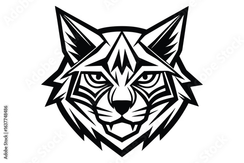 Bold striped lynx head stares intensely in a black and white graphic