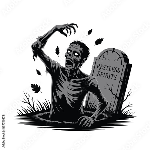 A single vector silhouette of a Zombie Rising from a Grave, designed with a classic Halloween horror theme