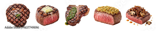 Five isolates of different types of grilled steaks are displayed on a white background. Each steak has a unique serving with different sauces and side dishes.