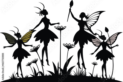 This collection of black and white images depicts illustrations of a group of fairies, shown together in whimsical scenes