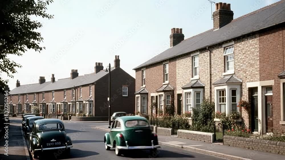Nostalgic view of a traditional English street with terraced houses and vintage automobiles from the 1960s. Nostalgic view of a traditional English street with terraced houses and vintage automobiles from the 1960s.