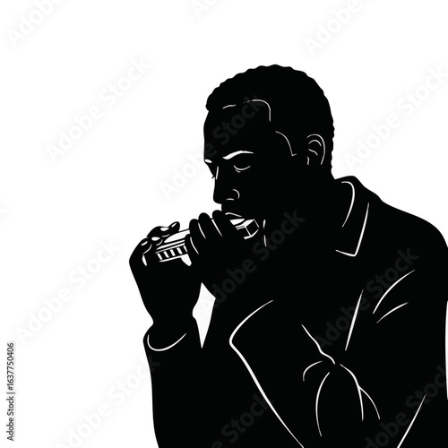 Black man playing harmonica in silhouette style on white background  