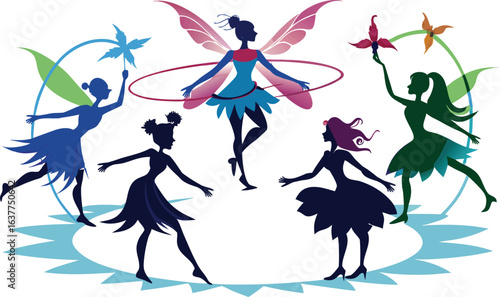 This collection of black and white images depicts illustrations of a group of fairies, shown together in whimsical scenes