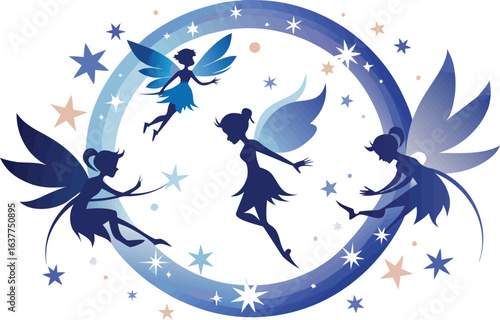 This collection of black and white images depicts illustrations of a group of fairies, shown together in whimsical scenes