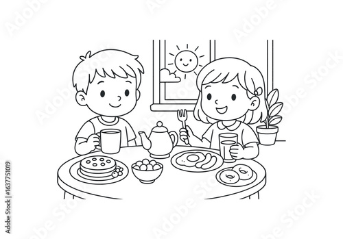 Late morning brunch stroke illustration cute kids coloring book style. Fun and wholesome theme made for children
