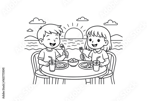 Evening sunset dinner stroke illustration cute kids coloring book style. Fun and wholesome theme made for children