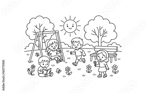Sunny afternoon park stroke illustration cute kids coloring book style. Fun and wholesome theme made for children