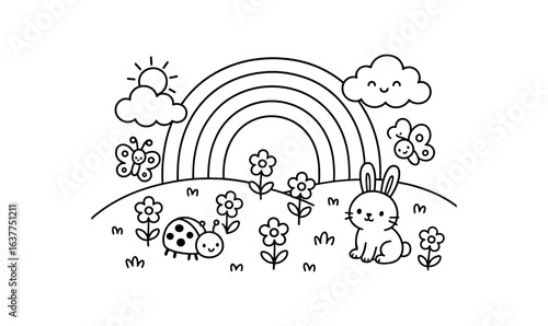 Rainbow over meadow illustration cute kids coloring book style. Simple easy to color design with minimal details friendly characters and objects clean black outlines and large open shapes.