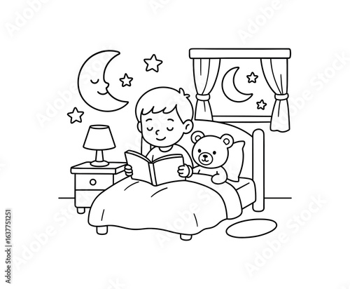 Evening bedtime story illustration cute kids coloring book style. Simple easy to color design with minimal details friendly characters and objects clean black outlines and large open