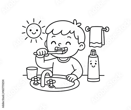 Brushing teeth morning routine illustration cute kids coloring book style. Simple easy to color design with minimal details friendly characters and objects clean black outlines and large