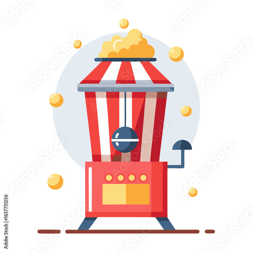 Flat Vector Illustration of Popcorn Machine Popping Kernels Isolated on White Background