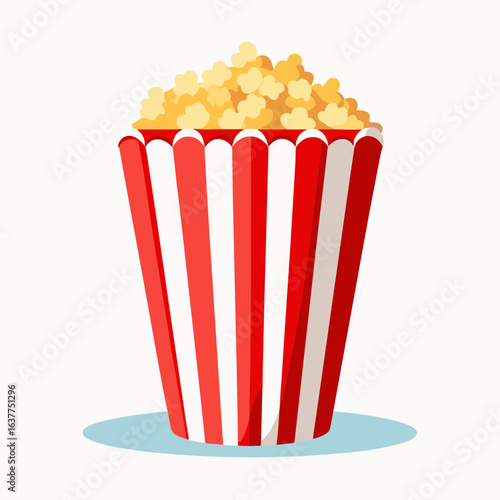 Red and White Striped Popcorn Bucket Filled with Fresh Popcorn Vector Illustration