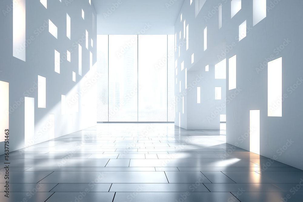 Obraz premium Modern interior with geometric wall cutouts and bright light 