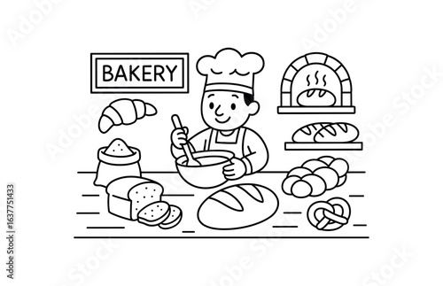 Bakery bread making illustration cute kids coloring book style. Simple easy to color design with minimal details friendly characters and objects clean black outlines and large open shapes.