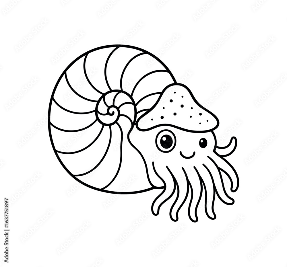 Fototapeta premium Chambered nautilus stroke illustration cute kids coloring book style. Fun and wholesome theme made for children