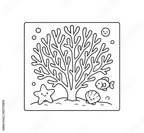 Sea fan coral stroke illustration cute kids coloring book style. Fun and wholesome theme made for children