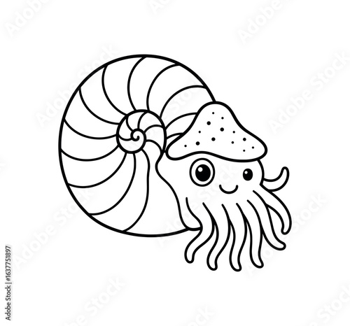 Chambered nautilus stroke illustration cute kids coloring book style. Fun and wholesome theme made for children