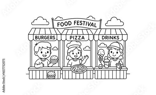 Food Festival stalls stroke illustration cute kids coloring book style. Fun and wholesome theme made for children
