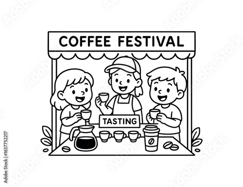 Coffee Festival tasting stroke illustration cute kids coloring book style. Fun and wholesome theme made for children