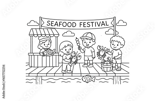 Seafood Festival dock stroke illustration cute kids coloring book style. Fun and wholesome theme made for children