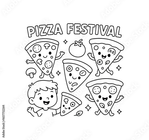 Pizza Festival slices stroke illustration cute kids coloring book style. Fun and wholesome theme made for children