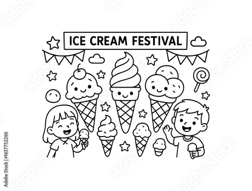 Ice Cream Festival cones stroke illustration cute kids coloring book style. Fun and wholesome theme made for children