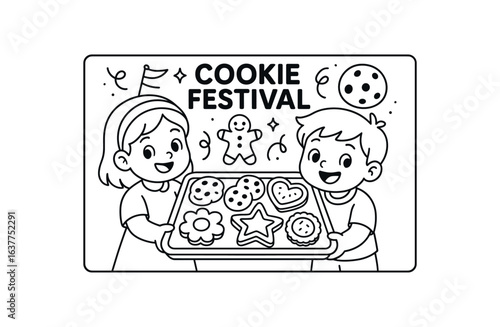 Cookie Festival tray stroke illustration cute kids coloring book style. Fun and wholesome theme made for children