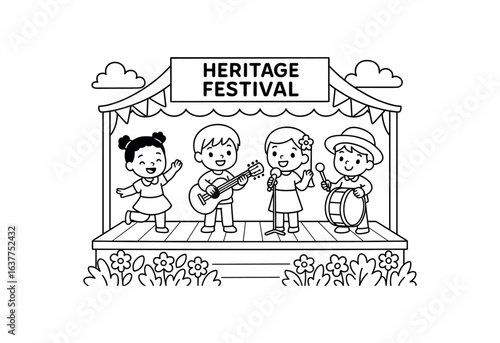 Heritage Festival stage stroke illustration cute kids coloring book style. Fun and wholesome theme made for children