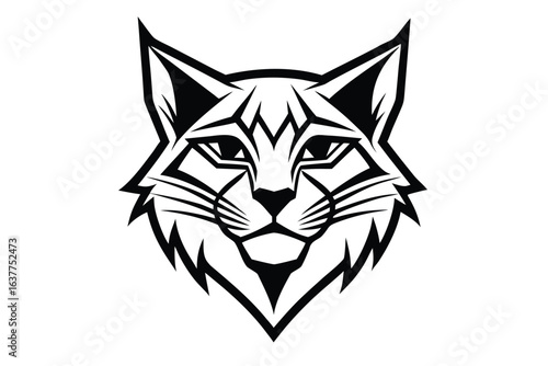 A fierce bobcat head shows strength and cunning in its striking black and white lines