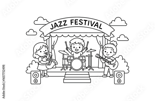 Jazz Festival stage stroke illustration cute kids coloring book style. Fun and wholesome theme made for children
