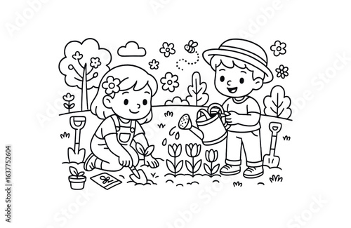 Spring garden planting stroke illustration cute kids coloring book style. Fun and wholesome theme made for children