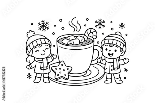 Winter hot chocolate stroke illustration cute kids coloring book style. Fun and wholesome theme made for children